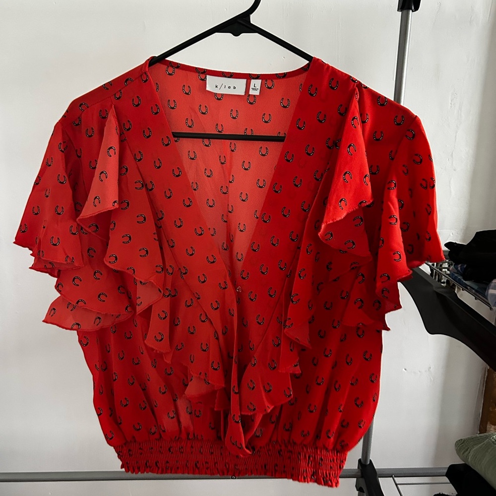 K/Lab Red Flutter Sleeve Blouse with Ruffled Tie Front
